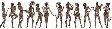 12 girls decorated with ornament in the style of mehndi.のイラスト素材