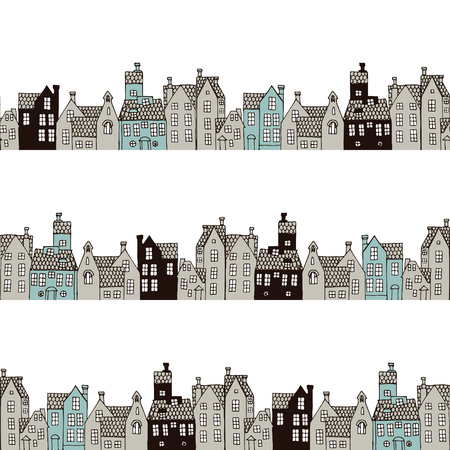 Stylized houses on a white background. Seamless pattern.のイラスト素材