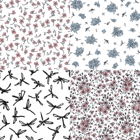 4 seamless patterns with wildflowers and dragonflies.のイラスト素材