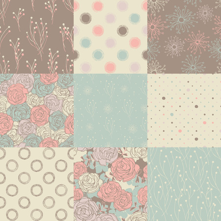 9 seamless patterns in retro style. Backgrounds with roses, dots and other stylized nature.のイラスト素材