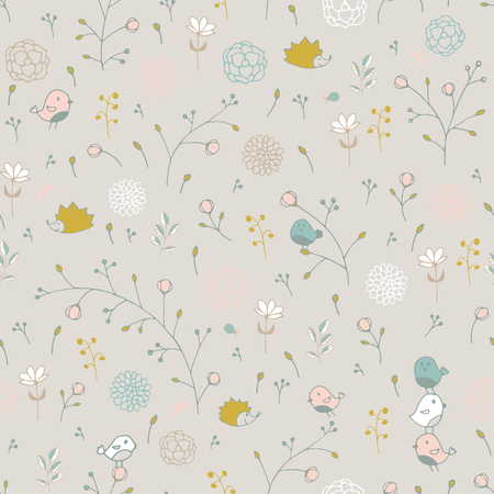 Seamless pattern with stylized nature. Berries, flowers, twigs, leaves, birds, hedgehogs, in the form of children's drawings.のイラスト素材