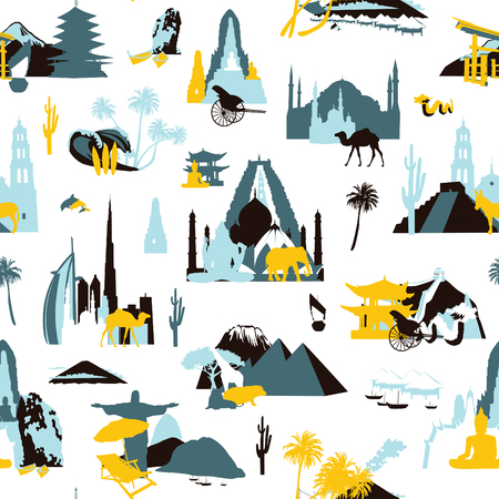 Seamless pattern with miniature sights of different countries.のイラスト素材