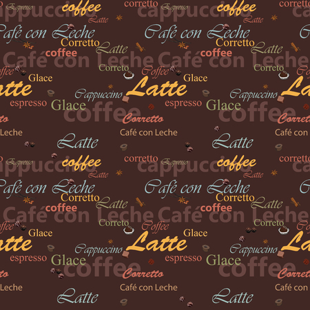 Coffee pattern. Different names of coffee on a brown background.のイラスト素材