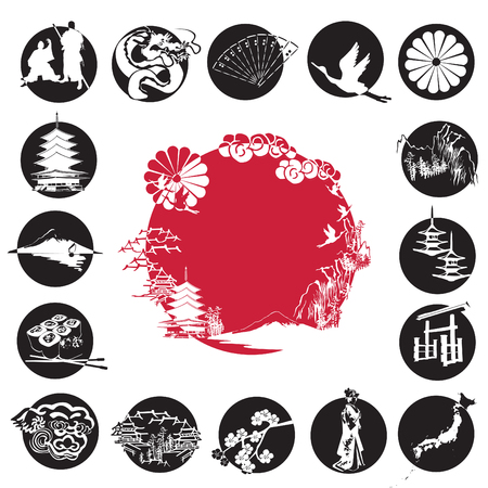 A set of miniatures in circles. Symbols of Japan.のイラスト素材