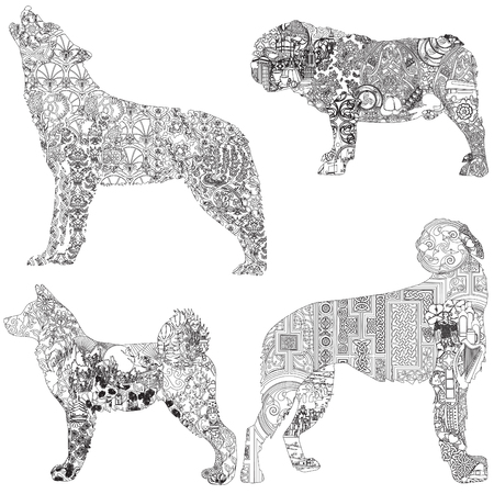 4 dogs decorated with ethnic pattern. Bulldog - English, wolfhound - Irish, akita - Japanese, wolf - Turkish.のイラスト素材
