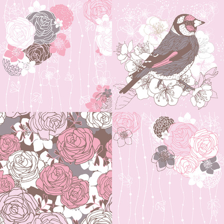3 greeting cards with roses and bird.のイラスト素材