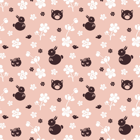 Cute spring pattern. Flowers of cherry and animals.のイラスト素材