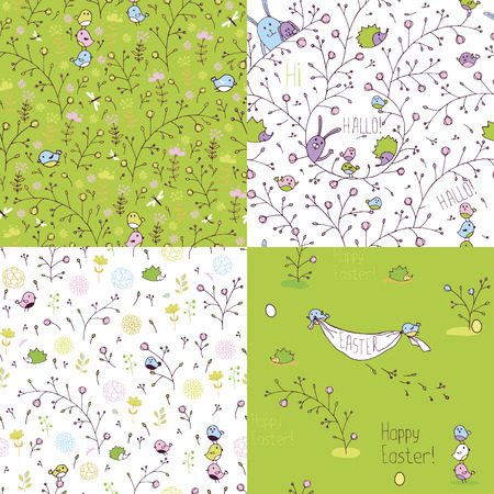 Set of spring seamless patterns. Stylized animals and nature.のイラスト素材