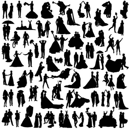 Set of silhouettes of wedding couples. Many diverse grooms and brides.のイラスト素材