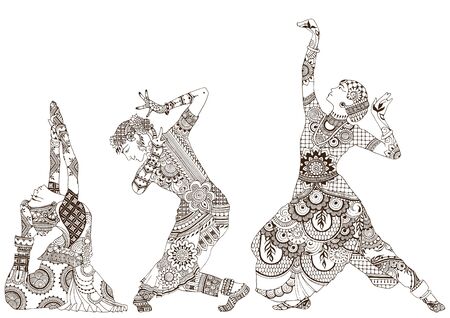 Indian dancers on a white background. Three girls in the style of mehndi.のイラスト素材
