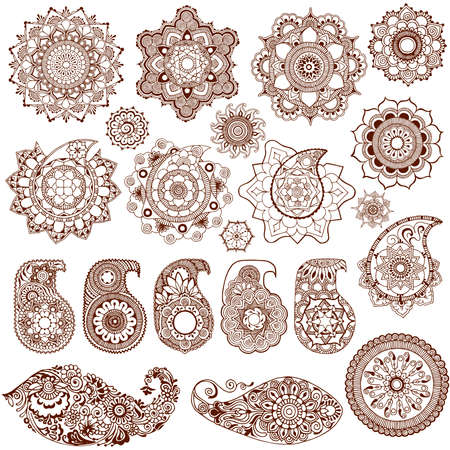 A set of patterns for design. Paisley and mandalas in Indian mehndi style. Many ornate elements on a white background.のイラスト素材