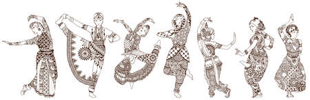 Dancers on a white background. Set of ornate oriental girls drawn in mehndi style.のイラスト素材