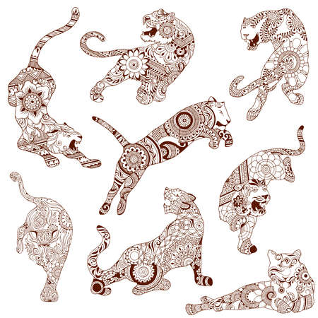 Mehndi style tigers on a white background.のイラスト素材