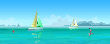 Seascape. Sailing boats and seagulls flying over blue ocean. Mountains and clouds in the background. Stock illustration.のイラスト素材