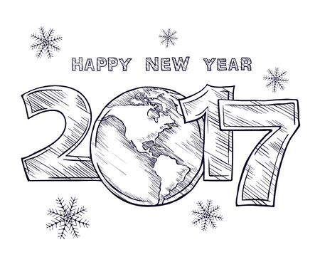 Happy New Year 2017  sketch. Globe outline drawing. Planet Earth. Calendar design typography  illustration on a white background.のイラスト素材