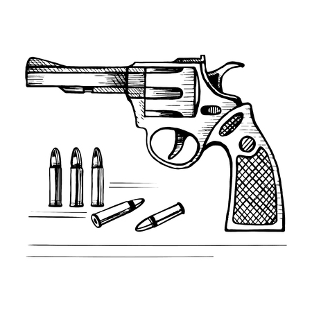 Sketch vector revolver gun with bullets. Stock illustration on a white background.のイラスト素材