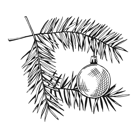 Christmas tree branches with toy. Fir branches. Hand drawn sketch graphics holiday illustration isolated on white background. Festive design for New Year prints,  decoration, cards.のイラスト素材