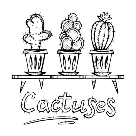 Hand drawn vector illustration  sketch of house plants. Cactus doodle set. Natural design elements.のイラスト素材