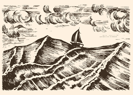 Sailboat vector sketch swim in a storm on the big waves.のイラスト素材
