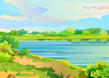 Summer landscape with a pondのイラスト素材