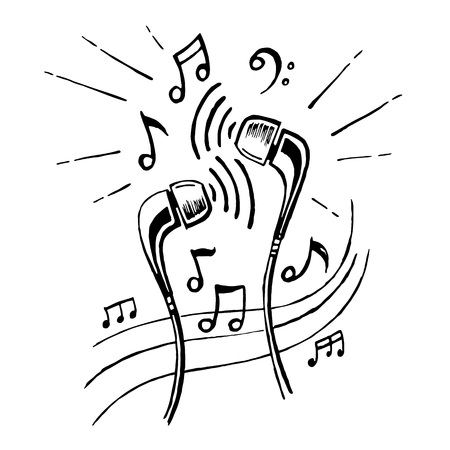 Headphones doodle sketch style vector illustration with musical notes, hand drawing.のイラスト素材