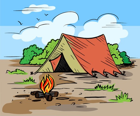 Hiking, camping outdoor recreation concept with tent, trees, bonfire.のイラスト素材