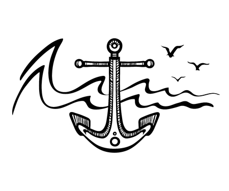 Sea anchor stylized on the background of the wave and seagulls.のイラスト素材