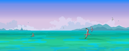 Seascape. Sailing boats and seagulls flying over blue ocean. Mountains and clouds in the background. Stock vector illustration.blue ocean. Mountains and clouds in the background. Stock vector illustration.のイラスト素材