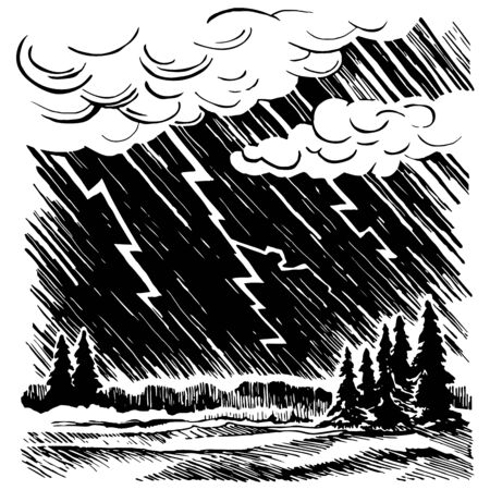 Thunderstorm and lightning in the forestのイラスト素材