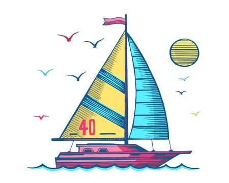 Sailing yacht in the sea colored sketcのイラスト素材