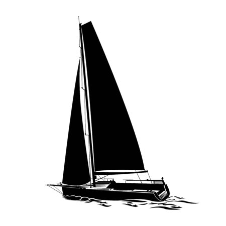 Isolated of sailboats silhouette illustration. Sailing yacht sails on waves.のイラスト素材