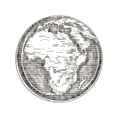 Globe outline drawing. Africa continent. Vector illustration engraving style on white backgroundのイラスト素材