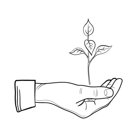 Human hand with a young sprout. Line art sprout vector icon isolated on white background.のイラスト素材