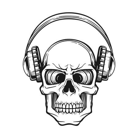 Black and white sketch of skull human in headphones vectorのイラスト素材