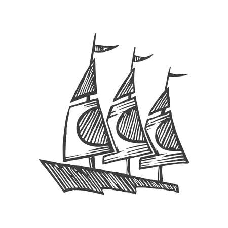 Sailing yacht floats on waves. Side view. Vector sketch. Hand drawing isolated on white backgroundのイラスト素材