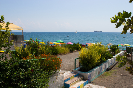 Vietri sul mare, the beach with colorful umbrellas of Amalfi, Salerno, Italyのeditorial素材