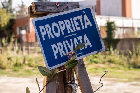 Privately owned sign, no access to the area, attached to wooden planksの写真素材