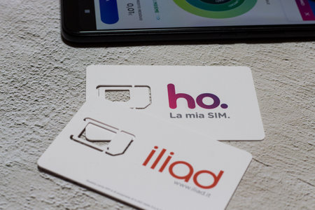 Benevento, Italy - December 5, 2020: Sim of the Ho.mobile operator. Low cost operator on the...