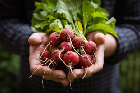 Hands of farmer with freshly harvested radish.の写真素材