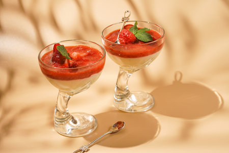 Two glasses of traditional italian creamy pudding dessert panna cotta with peppermint, strawberry jam, fresh strawberries with hard light shadowの写真素材