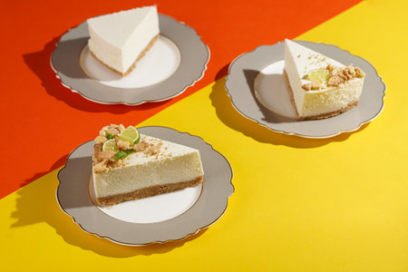 Three pieces of a lime cheesecake on romantic plates on a bright orange-yellow surfaceの写真素材