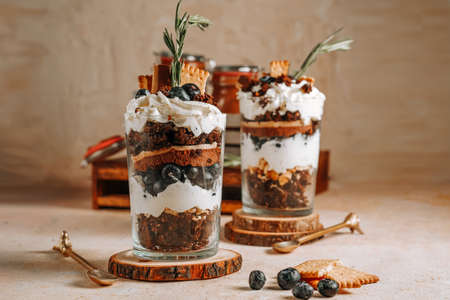 Two glasses with a layered dessert trifle with chocolate, cream, cookies and blueberriesの写真素材