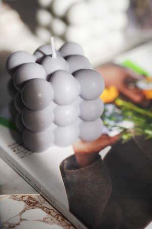 A gray-blue bubble candle, a close upの写真素材