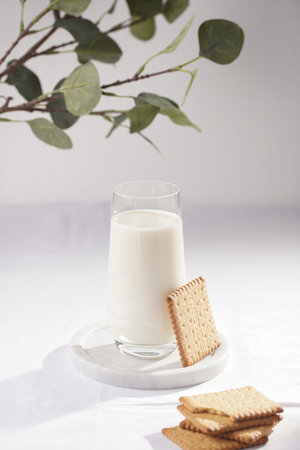 A glass of milk on a marble plate on a white table cloth and freshly baked cookies and a branch of green eucalyptusの写真素材