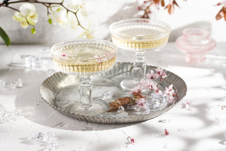 Two champagne glasses with splashes of champagne and pink cherry blossom on a gray surfaceの写真素材