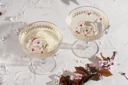 Two champagne glasses with splashes of champagne and pink cherry blossom on a gray surfaceの写真素材