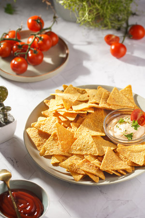 A gray plate with cheese tortilla chips and a chilli cheese dip on a gray surface, cherry tomatoes, ketchup in hard morning lightの写真素材