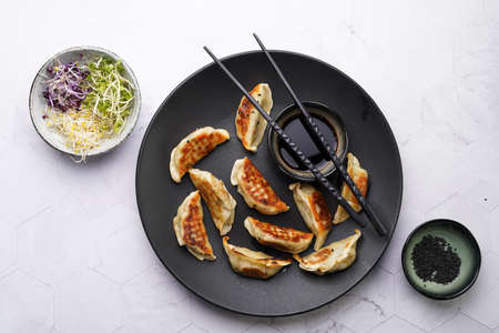 Japanese dumplings gyoza stuffed with chicken meat on a black plate with soy sauce, microgreens, sesame seeds and black chop sticksの写真素材