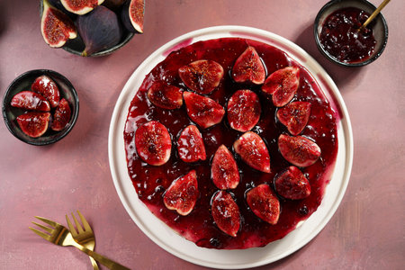 A red cake on a white plate on a burgundy surface: no bake cheesecake with dark red jelly and fig slices, top viewの写真素材