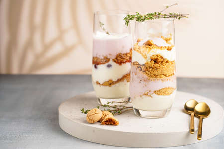 Two tall glasses with a layered creamy yoghurt dessert trifle with cookies, amaretti, cherries and thyme in a tropical settingの写真素材
